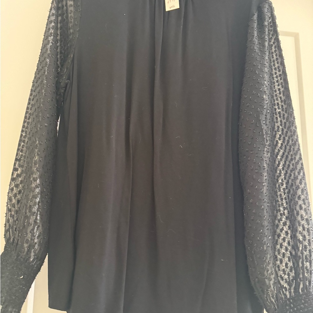 Talbots Black Blouse with Textured Sheer Sleeves